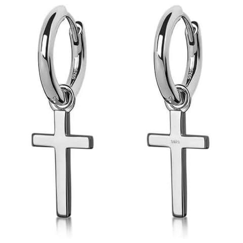 Men’s Solid White Gold Plated 925 Sterling Silver Drop Dangle Cross Huggie Hoop Earrings Trendy 15mm Hypoallergenic Lightweight Huggie Cross Hoops Dangling Earrings for Men Cover