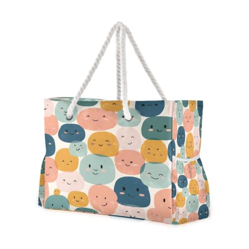 Large Beach Bags Totes Canvas Tote Shoulder Bag Smiley Face Water Resistant Bags for Gym Travel Daily