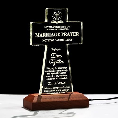 Bluebook Wedding Prayer Gifts for Couples - Crystal Cross Plaque with Multicolor LED Wooden Base, 4.7 x 7.9 Inch Religious Engagement Souvenir, Laser Engraving Christian Wedding Keepsake