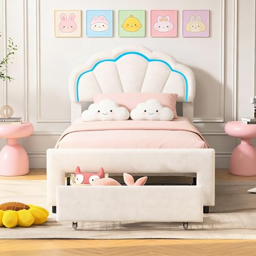 DADEA Lit Enfant Fille 90x200 avec Tiroir, Lit Princesse 90x200 LED avec Rangement, Lits Fille Princesse avec Tête de LitPetite Fille PrincesseLit...