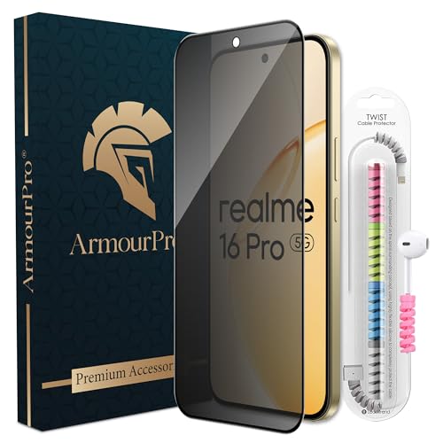 Image of ArmourPro Privacy Tempered Glass for Realme 16 Pro, Anti Spy Anti Peeping Screen Protector, Edge-to-Edge Full Coverage, 9H Hardness with Cable Protector | Black