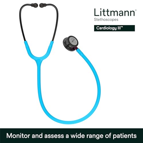 Image of 3M Littmann Classic III Monitoring Stethoscope, 5872, More Than 2X as Loud, Weighs Less, Stainless Steel Smoke-Finish Chestpiece, 27 inch Turquoise Tube, Pink Stem, and Smoke Headset