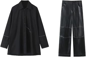 Fulbant Women Vintage Black Single Breasted Long Sleeve Shirt Suit Loose Long Leahter Pants Autumn Set