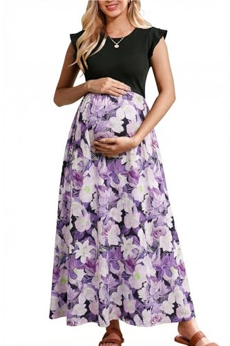 Image of OUGES Women's Maternity Dress Summer Ruffle Sleeve Patchwork Casual Flowy Maxi Dresses with Pockets