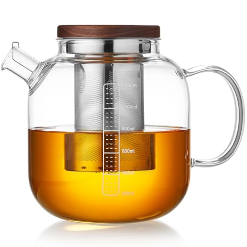 MESNEY 40oz Borosilicate Glass Teapot with Infuser & Lid - Stovetop & Microwave Safe with Stainless Steel Mesh for Loose Leaf & Blooming Tea