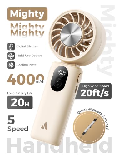 Image of Aecooly Mighty Portable Handheld Fan with Cooling Plate | 20H Max Cooling Time | 3 Flexible Modes | 5 Speeds Wind | Battery Level Display | Mini Personal Battery Powered, Gifts for Women, Travel-Beige