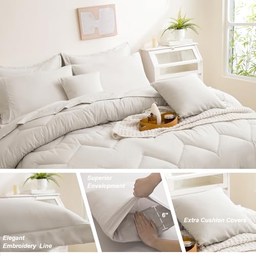 Image of Full Comforter Set Beige Bed in a Bag 9-Pieces,Water Wave Quilting Design Comforter Set with Comforter,Flat Sheet, Fitted Sheet,Cushion Covers,Pillowcases & Shams(Beige, Full)