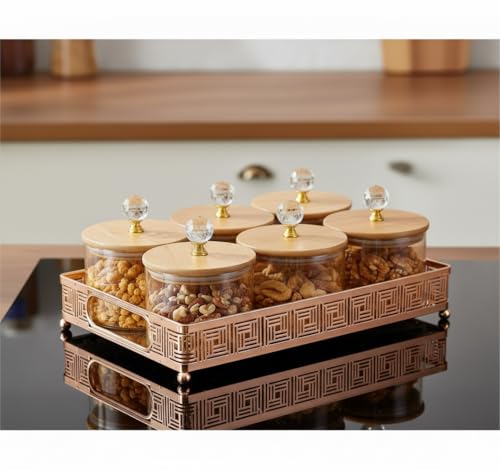 Image of Diwali Serving Dry Fruit, 6 pcs Glass Container Serving Tray Set | 600 ML Each Premium Design Air-Tight Lid Tray Copper Stand Organizer Lid jar