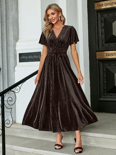 Image of Simplee Women's V Neck Velvet Maxi Dress Short Sleeve Empire Waist Long Formal Dress for Wedding Guest