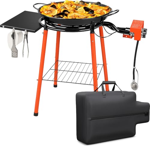 22 Inch Paella Pan Set,Paella Burner and Stand Set, Paella pan with lid,Paellera, Enameled Steel Paella Pan Paella Kit with Carry Bag,Built-In Ignitor Regulator Hose,20 Servings
