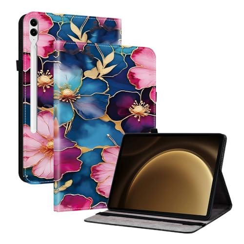 Housse Galaxy Tab S9 FE Plus motif fleur bleue dorée étui en cuir
