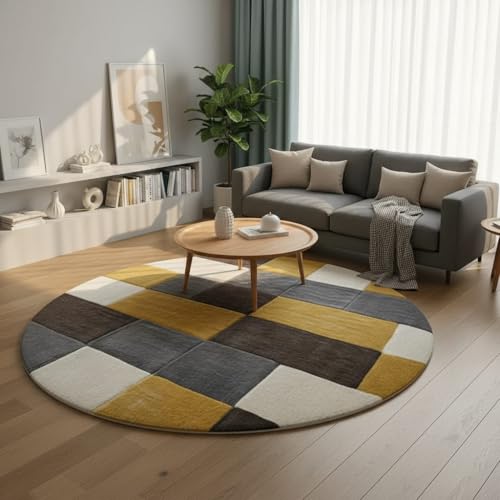 Image of Modern Shaggy Round Rug | Ultra-Soft Plush Circle Carpet for Living Room, Bedroom, Nursery | Fuzzy, Fluffy Area Rug with Non-Slip Base Yellow Multi 6x6 feet