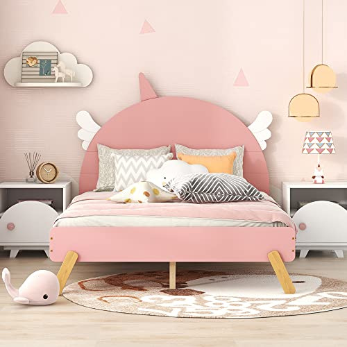 Softsea Kids Full Platform Bed Frame With Headboard Cute Bed Frames For Girls Boys, No Box Spring Needed Easy Assemble, Pink #TOP2