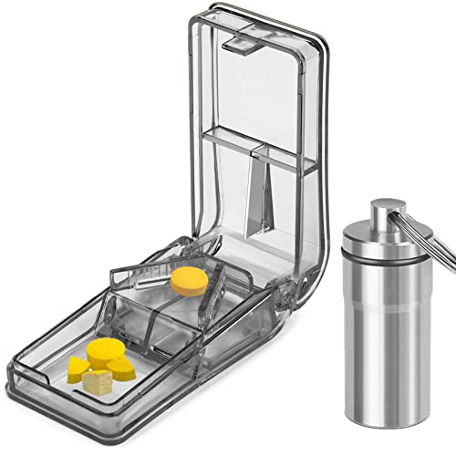 Image of JohnBee Pill Cutter | Best Pill Cutter for Small or Large Pills | Designed in The USA| Cuts Vitamins | Pill Splitter with Shield | Includes Keychain Pill Holder (Gray)