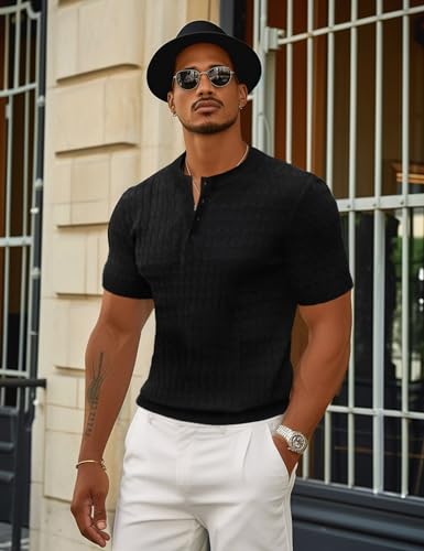 Men's Knit Polo Shirts Short Sleeve Texture Henley Shirts Knitted T-Shirts Casual Lightweight Golf Shirts2