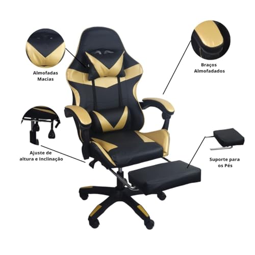 Kit 2 Cadeiras Gamer Stillus Ergonômica com Apoio Para os Pés - Dourada
