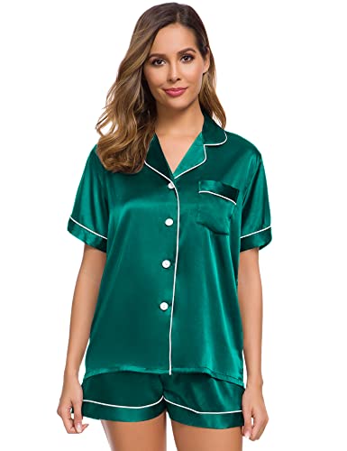 Image of SWOMOG Womens Silk Satin Pajamas Set Short Sleeve Sleepwear Button Down Top and Shorts Loungewear 2 Piece Pjs Set XS-3XL