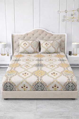 Image of 300 TC Cotton Feel Glace Cotton Elastic Fitted Bedsheet for King Size Double Bed | Fits up to 8 Inch Mattress | Printed Bedsheet with 2 Pillow Covers (White&Yellow, Queen Size - 60 inchx78 inch)