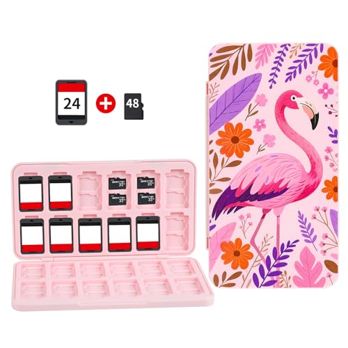 FlyingMage Switch 2 Game Case Holder for Nintendo Switch 2/OLED/Lite Games &amp; Micro SD Cards, Cute Switch2 Game Card Holder Cartridge Case with 24 Slots Game Card Storage - Pink Flamingo