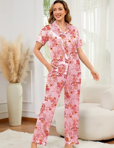 Image of SWOMOG Women Satin Pajamas Set Short Sleeve Top & Pants Sleepwear Silky Button Down Nightwear 2pcs Loungewear Pjs Set
