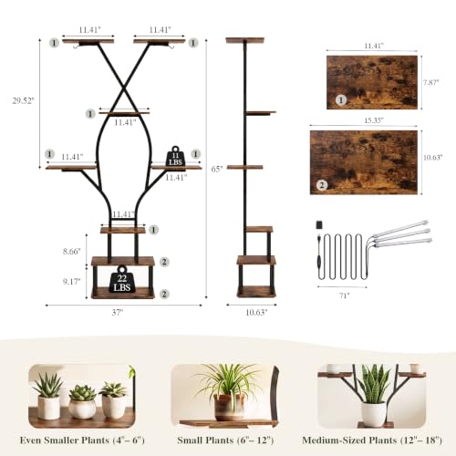Image of Plant Stand with Grow Lights for Indoor Plants, 8 Tier 65 inch Tall Corner Plant Shelf for Multiple Plants, Curved Metal Flower Rack with Hanging Hooks, Living Room Bedroom Apartment (Black)
