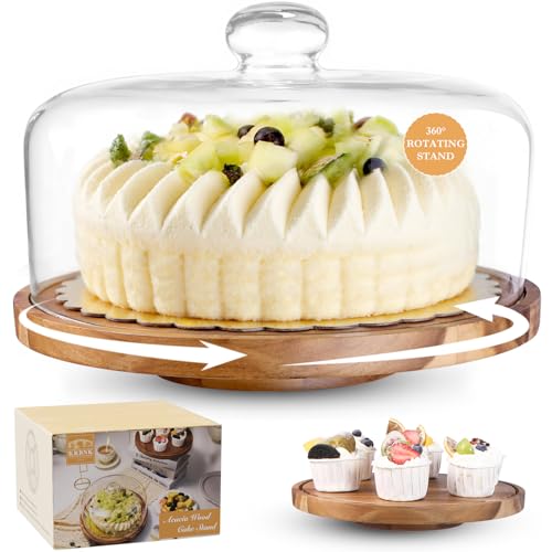 Krbnk Présentoir à gâteau en verre avec couvercle bombé - Plateau à gâteau rotatif en bois d'acacia de 30 cm avec couvercle, comprend 2 plateaux à...