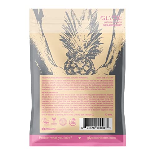 Glyde Strawberry Flavored Ultra Thin Condoms - 4 Count - Organic Strawberry Extract, Ultra-Thin, Vegan, Non-Toxic, Medium Size Natural Rubber Latex, 53Mm Yummy Standard Fit #TOP6
