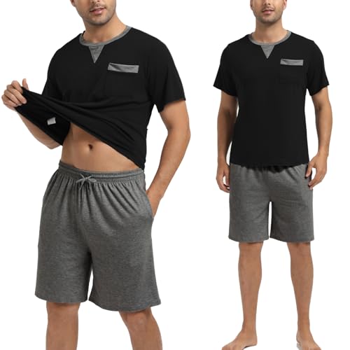Enjoyoself Men's Summer Short Sleeve Cotton Pyjama Sets Comfy Loungewear Sleepwear with Drawstring Shorts3