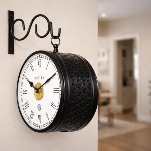 Image of Handcrafted Double Side Metal Analog Vintage Wall Clock | 1.5 Year Machine Warranty | 6 INCHES | 1 Side Number 1 Side Roman,Color Black