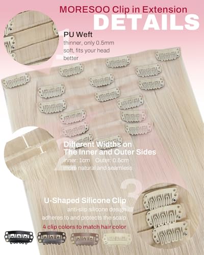 Image of Moresoo Seamless Clip in Hair Extensions, Platinum Blonde, PU Skin Weft | Clip in human hair extensions, 14inch 120g 7pcs, for fashion beginners and bold users, for high contrast modern clean look