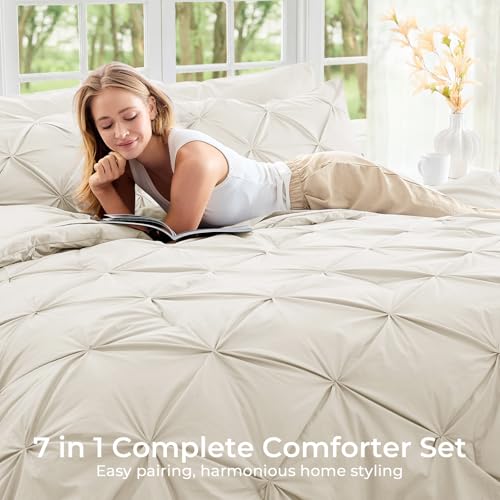 Image of Sasttie Oversized Queen Comforter Set, 7-Piece Bed in a Bag, Pintuck Bedding Sets for All Season, Includes Comforter, Flat Sheet, Fitted Sheet, Pillowcases and Pillowshams, Beige