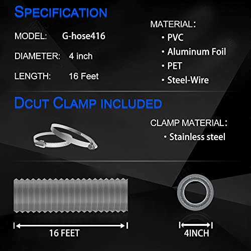 Image of TEAIERXY 4 Inch Dryer Vent Hose,Flexible Insulated Air Ducting,Vent Hose PVC Aluminum Foil with 2 Clamps for HVAC Ventilation(Grey)