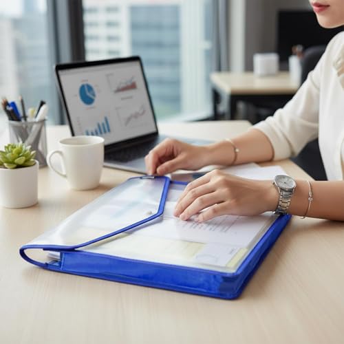 Image of LIKHIT Clear Document Folder Bag with Snap Button Closure | Transparent Plastic File Organizer with Blue Border | Waterproof A4 Document Holder for Office, School, Home & Travel