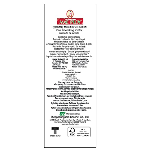 Mae Ploy Kokosnussmilch – Kokosmilch zum Kochen und Backen – Ideal für Desserts, Suppen, Smoothies und Cocktails – 6x250ml