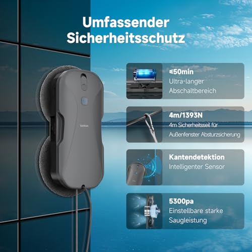 tuntun W12pro Fensterputzroboter,4-Wege-Doppeldüsensystem,5300Pa Elektrischer Fensterputzer,Intelligente Wegplanung,Integrierte Aufbewahrungsbox,Für Glatte Oberflächen geeignet