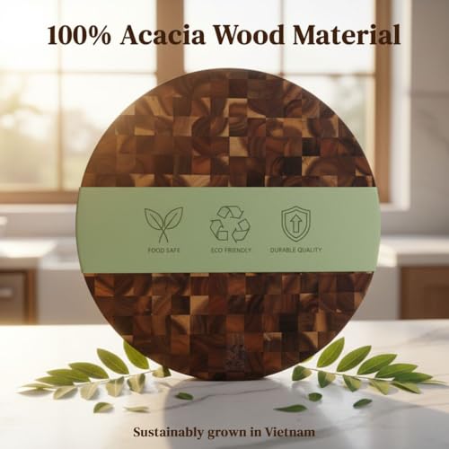 Tabla de cortar redonda de madera de acacia de 30 cm con mango, bloque de carnicero sólido, para pizza, carne y charcutería miniatura 3
