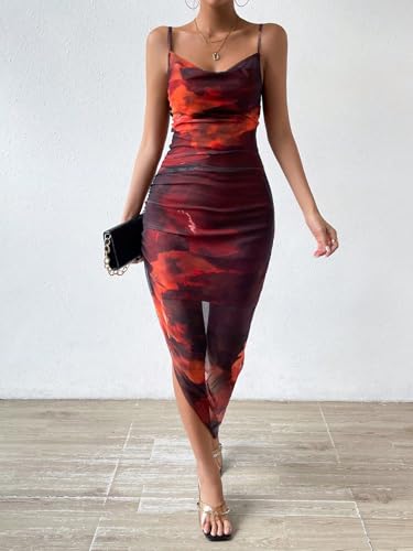 Image of LIGHT DOT Women's Spaghetti Strap Printed Bodycon Ruched Midi Cocktail Dress Sexy Cowl Neck Tie Dye