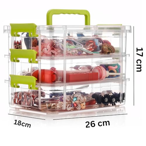 Image of plastic boxes for Storage transparent boxes for storage, Portable & Stackable Space Saving Organiser with Lid for Medicine, Jewelry, Arts & Crafts, Buttons, Beads (Green, 3 TIER)