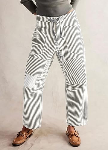 loveimgs Women Casual Boyfriend Barrel Stripe Pants Elastic Mid Rise Ankle Pants Patchwork Drawstring Pocket Wide Leg Trouser2