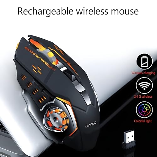 Image of COOLCOLD Gaming Mouse | Rechargeable, Wireless Gaming Mouse | with Type c OTG Dongle, 2.4Ghz RGB Lights Mice, Upto 2400 DPI 6 Button, 4 Color Breathing Lights, Distance-10m, (Black)