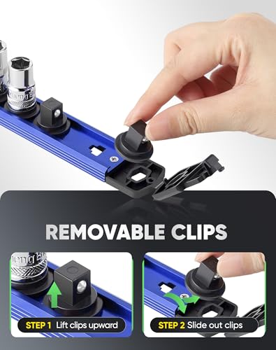 Image of ALOANES Magnetic Socket Organizer Set, 1 /2-Inch Drive Heavy Duty Aluminum Socket Rail Organizer, 360 Swivel Clips Socket Holder Kit for Toolbox Drawer Fit 1 /2-Inch x 12 Clips (Blue, 1PC)