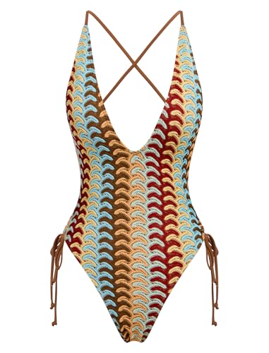 Image of ZAFUL Women Plunging One Piece Swimsuit Backless Cross Tie High Cut Thong One-Piece Bathing Suit