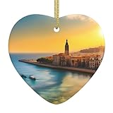Adorno navideño de cerámica con estampado de puesta de sol en Barcelona, 7,4 cm, perfecto para alféizares de ventanas, chimeneas y salas de estar, decoración de casa de vacaciones.