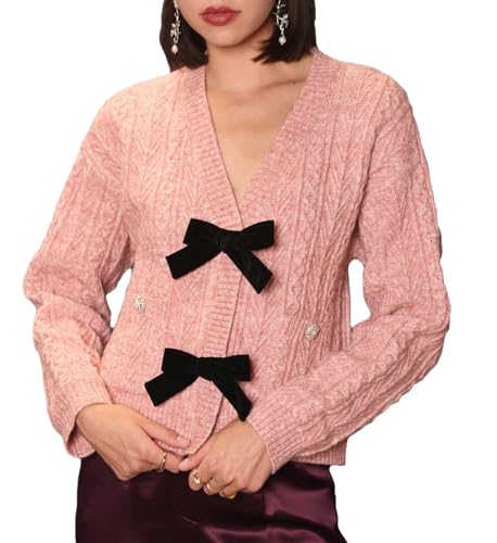 Image of Women's Bow Front Cardigan Cropped Button Button Down V Neck Cropped Cable Knit Sweater Tops Pink