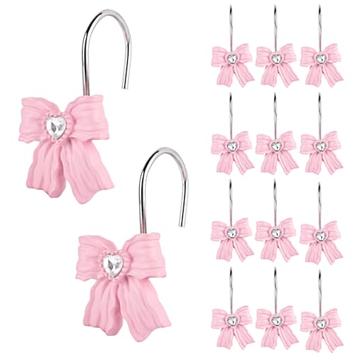 Shower Curtain Hooks, Pink 12 Pack for Bathroom Decor | Decorative Bowknot Design, Rustproof Metal Alloy, Resin Accents, Fits 0.8-1.1 Inch Rods, Heavy Duty, Easy Glide Rings - image 1
