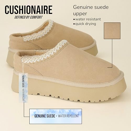Image of CUSHIONAIRE Kabuki Platform Boots Genuine Suede Fuzzy Mule Slippers for Women with Memory Foam | Indoor /Outdoor Womens Slippers | Wide Widths Available