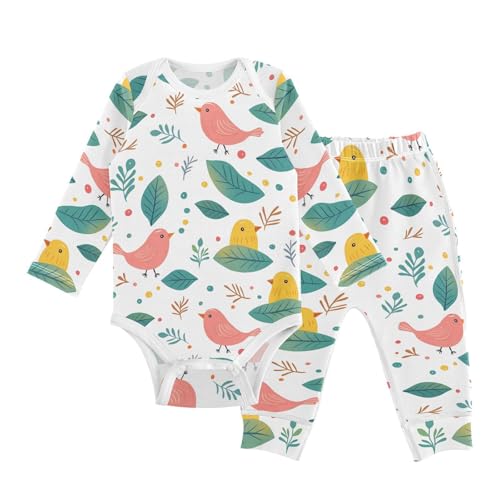 vvfelixl Baby Bodysuits Pants Sets Lovely Bird Leaves Baby Bodysuit Long Sleeve Baby Clothes for Boys Girls 12-18M