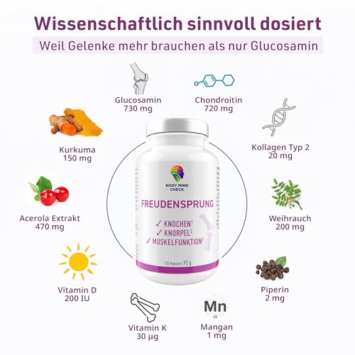 FREUDENSPRUNG natürliche Gelenkkapseln für Beweglichkeit, gesunde Knochen, Gelenke & Knorpel, 120 Gelenk Komplex Kapseln mit Glucosamin, Kollagen, Mangan, Kurkuma, Weihrauch, Vitamin D uvm.