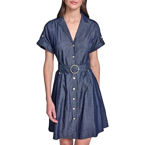 Image of Karl Lagerfeld Women's Short Sleeve Collar Chambray Shirt Dress Fit and Flare Dress