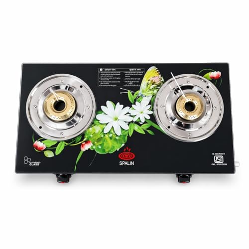 Image of 2 Burner Glass Top Gas Stove | Manual Ignition | Floral Crystal Toughened Glass Design | ISI Certified | High Efficiency Burners | Easy Clean Countertop Gas Stove for Kitchen